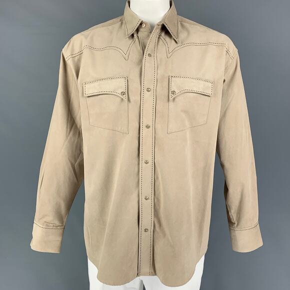 7 DIAMONDS Size L Khaki Contrast Stitch Polyester Western Long Sleeve Shirt - Picture 1 of 1